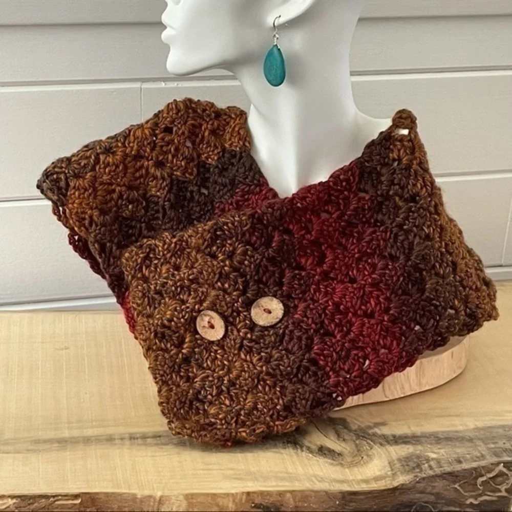 Handmade Extra Soft Button Statement Scarf in Fall Autumn Sunset Crochet Knit